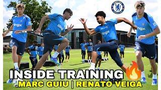 IMPRESSIVEMARC GUIU & RENATO VEIGA IMPRESS MARESCA AT FIRST CHELSEA TRAININGNkunkuMudrykJames