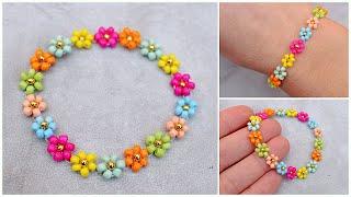 PULSERA de FLORES con mostacillachaquiras elástica TUTORIAL paso a paso