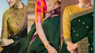 Dark green and bottle green colour Saree with contrast blouse designs ideas....