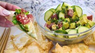 Easy Homemade Tuna Poke Bowl wCrispy Wonton Chips  Hawaiian Recipe - Restaurant Style