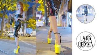 EVENING WALK IN NEON YELLOW ANKLE STRAP HEELS FROM TAJNA - CLUB - SHOES. WATCH HOW TO WALK IN HEELS