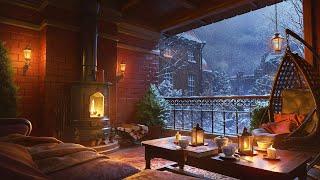 Cozy Winter Porch Ambience with Crackling Fireplace Sounds for Sleep Study & Relax