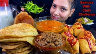 Eating Spicy Green Chilli Samosa Chole Bhature Aloo Ki Sabji Bedmi Puri  Indian Street Food