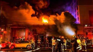 **EARLY ARRIVAL w HEAVY FIRE** FDNY Battles 3-Alarm Auto Repair Shop FIRE  Queens Box 7186 