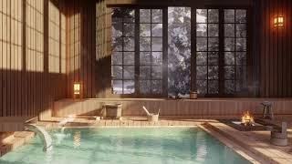 Japanese Onsen ASMR  Fireplace Ambience for Sleep Relaxation  Hot Spring Water Sounds