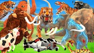 Giant Tiger vs Zombie Elephant attack Cow Cartoon Buffalo Save By Woolly Mammoth Elephant vs Dinosau