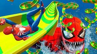 GTA 5 WATER SLIDES with SPIDERMAN vs New Spider Shark  Ragdolls & Falls Episode 21