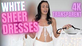 4K TRANSPARENT WHITE SHEER DRESSES Try On Haul with MIRROR View  Natural Petite Body