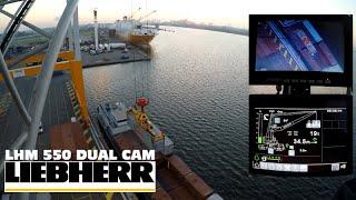 Operating a Liebherr Mobile Harbour Crane DUAL CAM LHM 550 Discharging barges Port of Antwerp GoPro