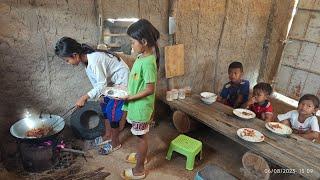 Rural life village of Little chef stir fried pork share to sibling