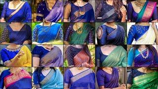 Beautiful Blue Color Blouse Designs  Blue Color Blouses for Contrast Color Silk Sarees️