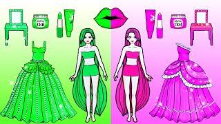 Green Dress Vs Pink Dress - Color Makeup Contest Challenge - Dolls Beauty Story & Crafts