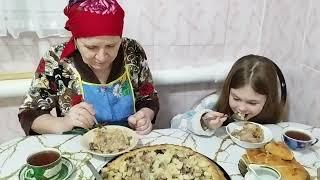 Cooking tatar national dish. Life in a village in Russia in winter