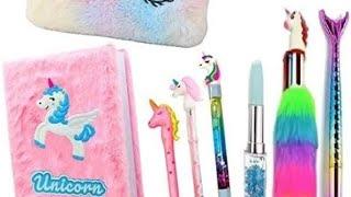 Unicorn Combo 12Pcs Fur Diary PouchPencilWater Fur PenFruit Eraser unboxing with sakshi