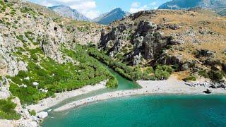 Preveli Palm Beach Crete Greece a unique tropical landscape in Europe 4K drone footage