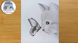 How to draw a cat with butterfly - pencil sketch for beginners   step by step drawing