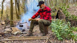 Rain Camp in a Hidden Shelter with a Fireplace in the Forest