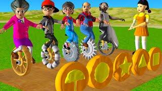 Scary Teacher 3D vs Squid Game Wooden Wheel Unicycle Level Max vs Honeycomb Candy 5 Times Challenge