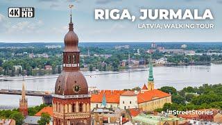STREETS OF RIGA LATVIA. JURMALA. 4K City Walking Tour. City Sounds Jazz Music Best Views.