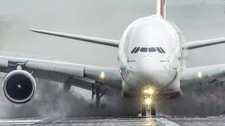 AIRBUS A380 LANDING ON A WET RUNWAY + BOEING 757 smokey CROSSWIND LANDING 4K