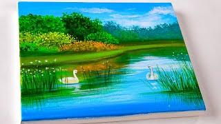 How to Paint lake water with acrylic  Painting lake scene   Easy for beginners