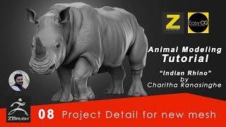 Zbrush Animal Sculpting Rhino- Part 08  Project detail to new mesh