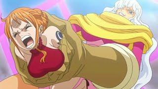 Charlotte grabs and squeezes Nami from One Piece Giantess