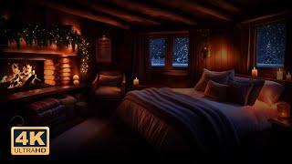  Tiny Cozy Winter Cabin - Snowstorm Crackling Fireplace & Blizzard Winds Cozy Bedroom Ambience