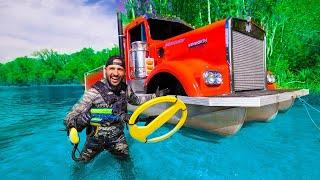 Searching for Treasure with FLOATING SEMI TRUCK Driving on River