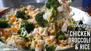 30 Minute Cheesy Chicken Rice and Broccoli One Pan