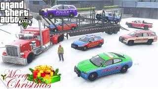 GTA 5 Real Life Mod #240 Delivering Christmas Police Cars With A Semi Truck & Car Hauler Trailer