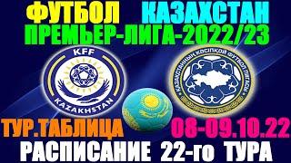 Футбол Казахстан Премьер лига-20222023. Расписание 22-го тура 08 - 09.10.22. Турнирная таблица
