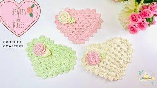 Hearts and Roses Valentine Crochet Coaster  Crochet Valentine  Heart Coaster