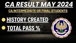 History Created by ICAI CA Exam May 2024 Pass Percentage  CA inter & CA final May 2024 Pass %