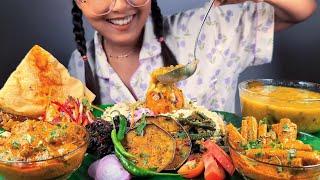 EATING DAL CHAWAL SPICY ALOO BHORTA LAL SAAG BHAJI SPICY SOYA & DRUMSTICK GRAVY & BAINGAN BHAJI