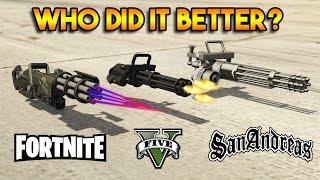 GTA 5 VS GTA SAN ANDREAS VS FORTNITE  MINIGUN WHO DID IT BETTER?