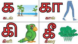 க வரிசை சொற்கள் with video clip for each letter க கா கி கீ உயிர்மெய் எழுத்துக்கள்Tamil Alphabets