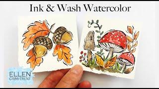 Ink & Wash Watercolor- Acorns & mushrooms- Mini Monday Madness