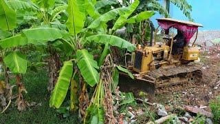 Starting A New Project Filling Old House Strong Dozer Pushing Soil Filling On Cracked Stone House.