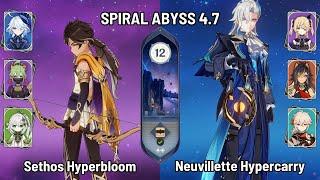 C2 Sethos Furina Hyperbloom  C0 Neuvillette Hypercarry  Spiral Abyss 4.7 Floor 12  Genshin Impact