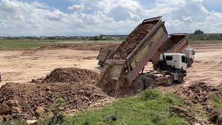 Extreme Powerful Road Construction Equipment Bulldozer and Dump Truck Spreading Dirt