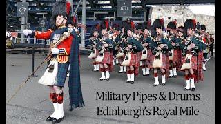 Military Pipes & Drums march down Edinburghs Royal Mile 4KUHD
