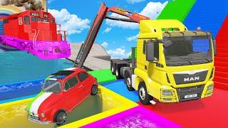 Big & Small Long Snake Mcqueen with Spinner Wheels vs Minecraft vs Trains - Crane Truck Rescue Car