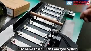 WoodBambooReed Straws Engraving  35W Co2 galvo laser engraving machine with pen conveyor belt