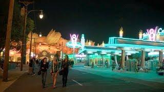 Cars Land day and night through Radiator Springs at Disney California Adventure