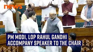 Om Birla elected as the Lok Sabha speaker PM Modi LoP Rahul Gandhi accompany him to chair