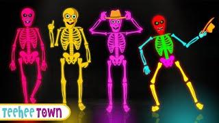 Midnight Adventure Five Skeletons Halloween Song + Spooky Scary Skeleton Songs  Teehee Town