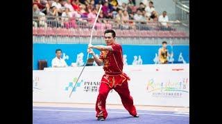 Mens three-section stick first place Zhejiang team Wang Di 9.01 points