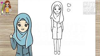 How to Draw a Cute Girl with Hijab  Girl wearing Hijab Cute Easy Drawings