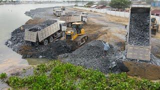 The Best Powerful Machinery Extreme Bulldozer Wheel Loader Dump Truck Spreading Stone into Water